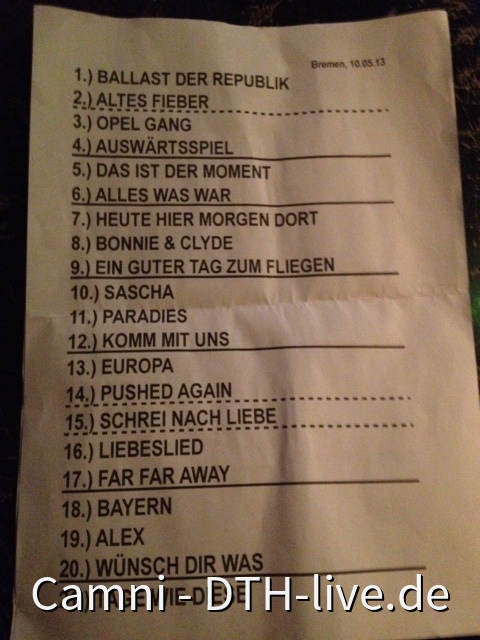 Setlist Bremen 10.05.2013